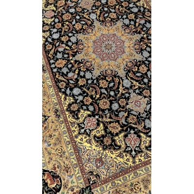Dardashtie's luxurious black and gold oriental rug with intricate patterns