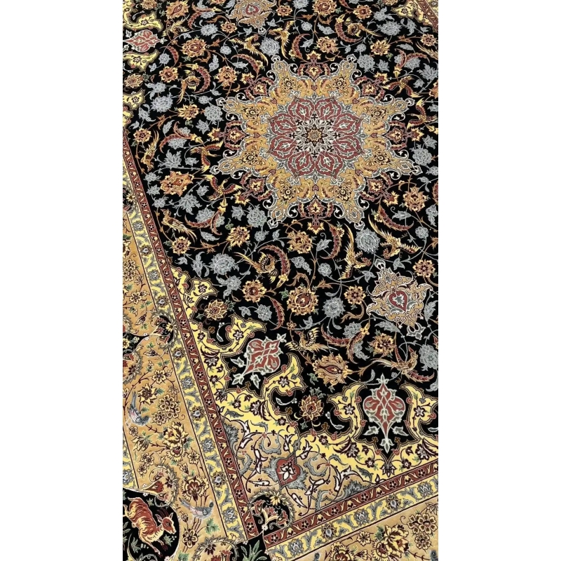 Dardashtie's luxurious black and gold oriental rug with intricate patterns