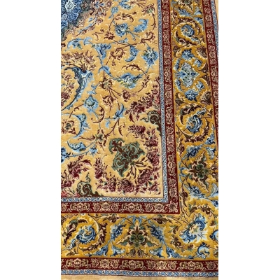 Premium Mohaghegh silk carpet with a harmonious blue and gold pattern