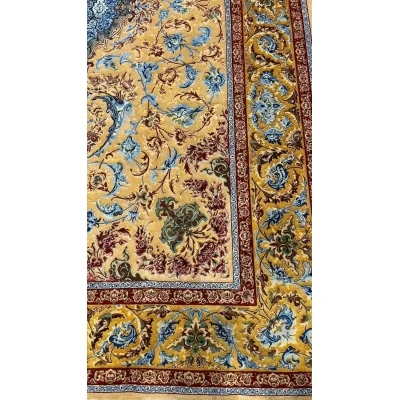 Premium Mohaghegh silk carpet with a harmonious blue and gold pattern