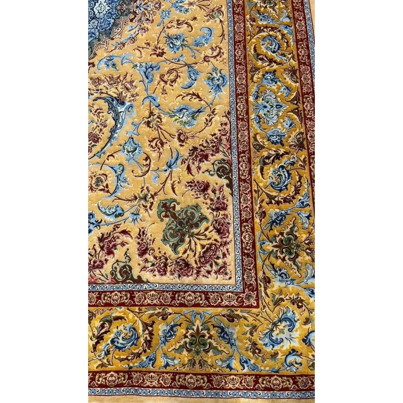 Premium Mohaghegh silk carpet with a harmonious blue and gold pattern