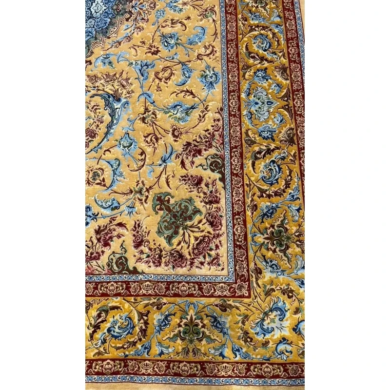 Premium Mohaghegh silk carpet with a harmonious blue and gold pattern