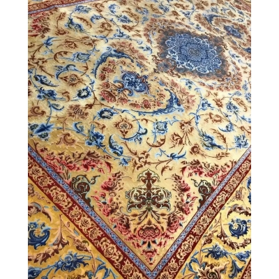 Exquisite Mohaghegh silk carpet with a rich blend of blue, red, and yellow hues