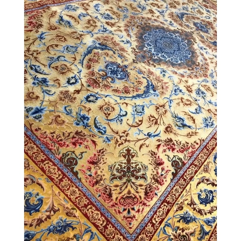 Exquisite Mohaghegh silk carpet with a rich blend of blue, red, and yellow hues