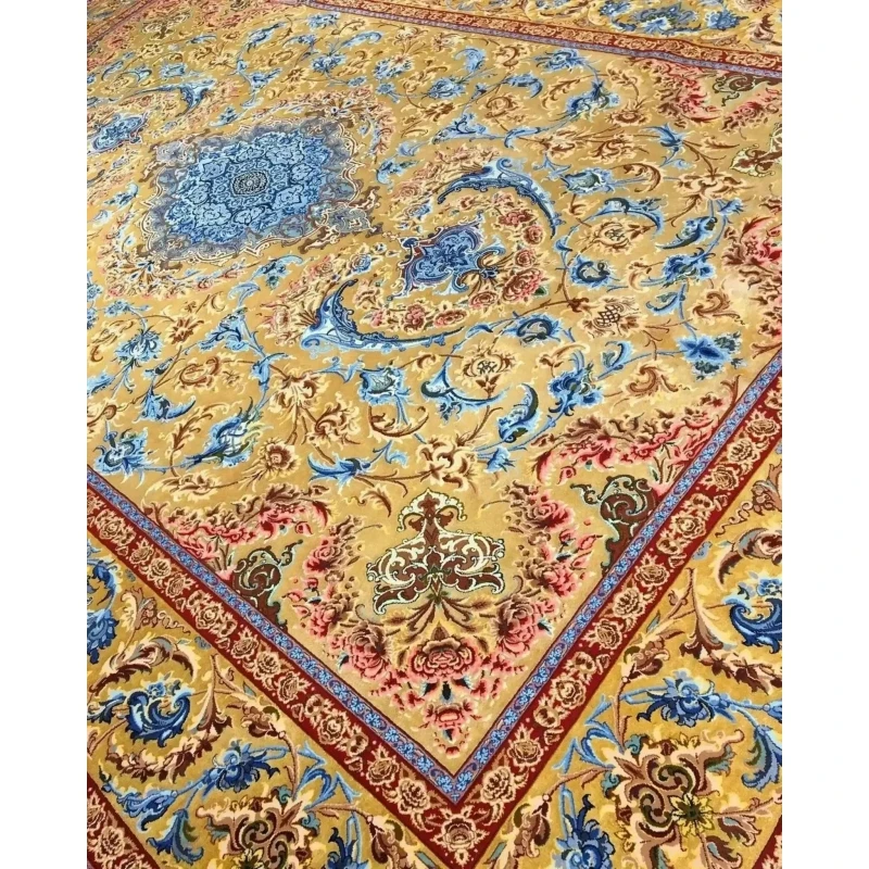 Mohaghegh's ornate silk carpet with a luxurious blue, red, and gold pattern