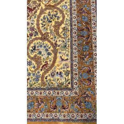 Elegant Dardashtie rug showcasing sophisticated floral patterns on a golden silk background
