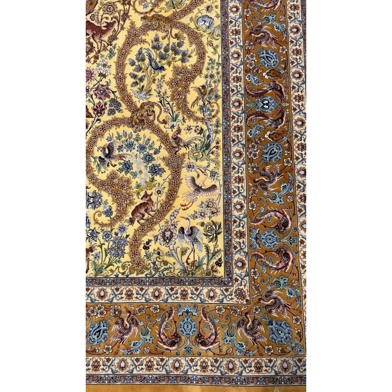 Elegant Dardashtie rug showcasing sophisticated floral patterns on a golden silk background