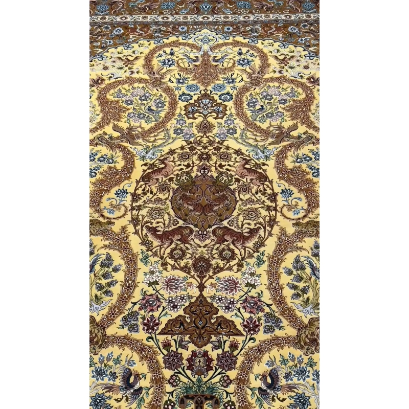 Golden Silk Rug from Dardashtie with intricate floral motifs throughout