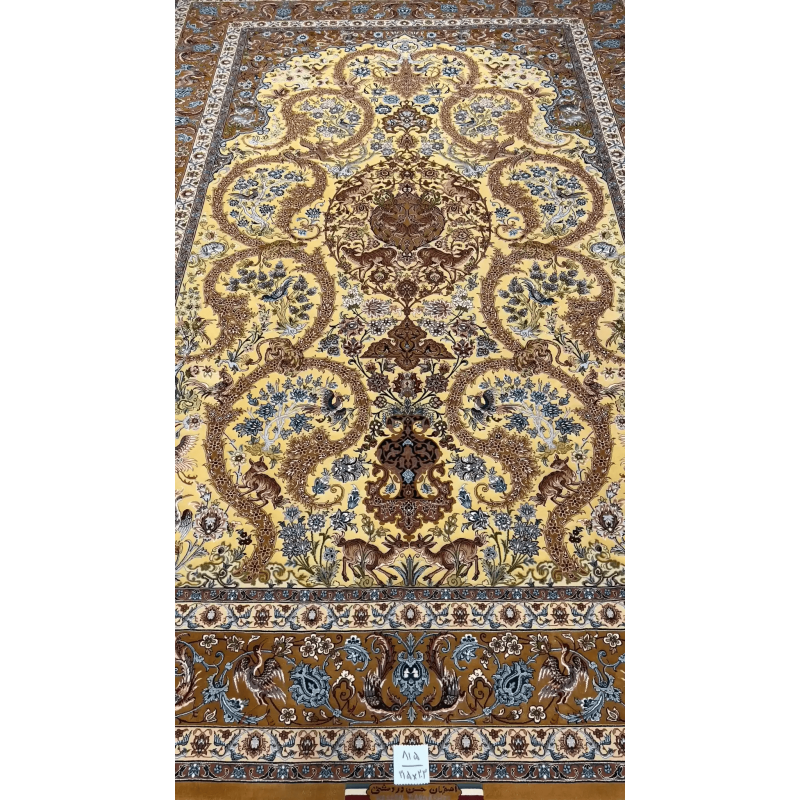 Dardashtie Golden Silk Rug featuring a prominent central medallion pattern