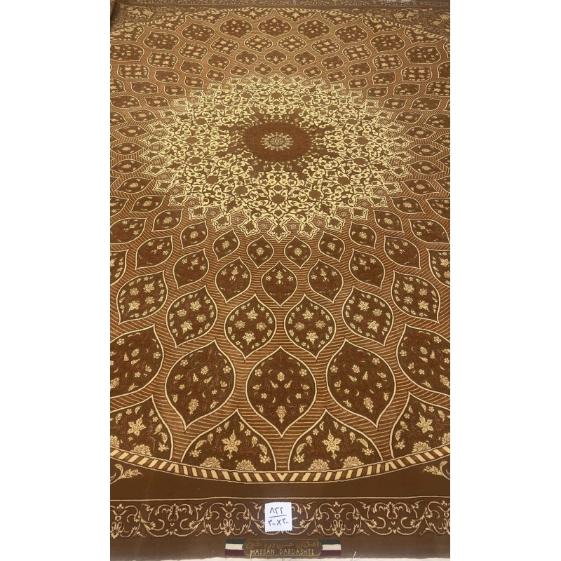 "Handmade Persian dome design rug in golden and brown tones by Master Hassan Dardashtie."