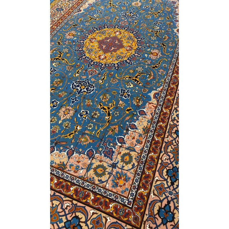 "Exquisite Persian Isfahan rug crafted from wool and silk, showcasing vibrant patterns, made by Master Haghighie."