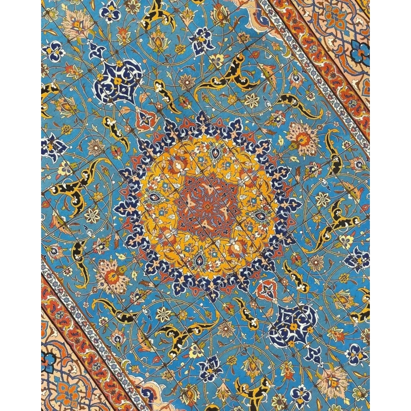 "Luxurious Persian rug with a detailed medallion and floral patterns, handwoven by Master Haghighie, 325 x 200 cm."