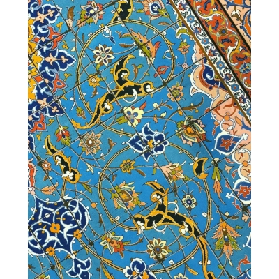 "Handmade Persian rug with intricate detailing in shades of blue, gold, and orange, crafted by Master Haghighie, 325 x 200 cm."