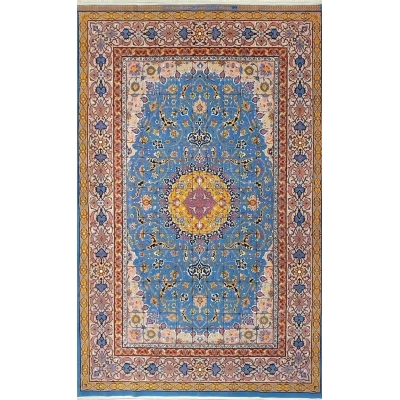 "Hand-knotted Persian rug by Master Haghighie, featuring intricate floral designs with a blue and gold medallion, 325 x 200 cm."
