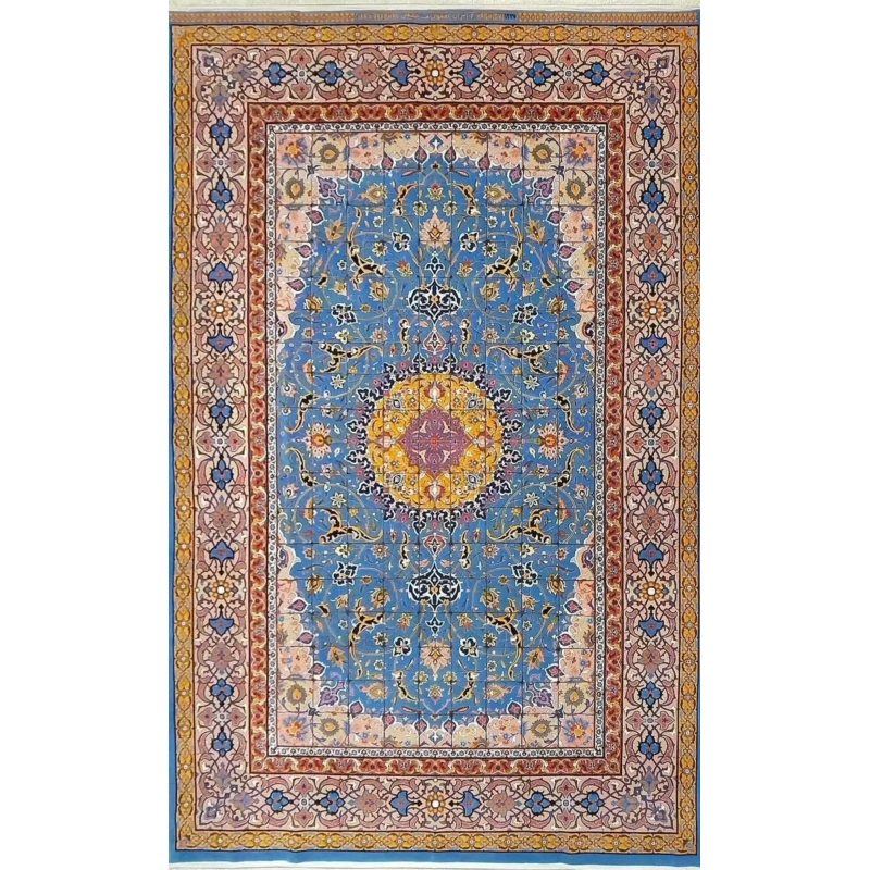"Hand-knotted Persian rug by Master Haghighie, featuring intricate floral designs with a blue and gold medallion, 325 x 200 cm."