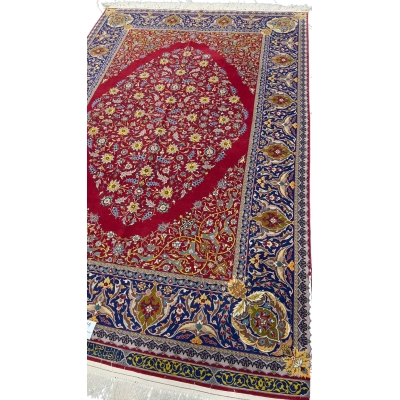 "Collectible red Persian rug with natural dyed wool and silk, 70 years old"