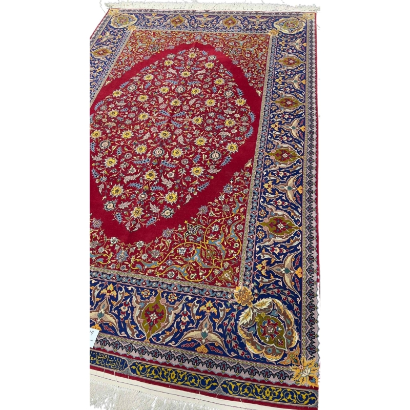 "Collectible red Persian rug with natural dyed wool and silk, 70 years old"