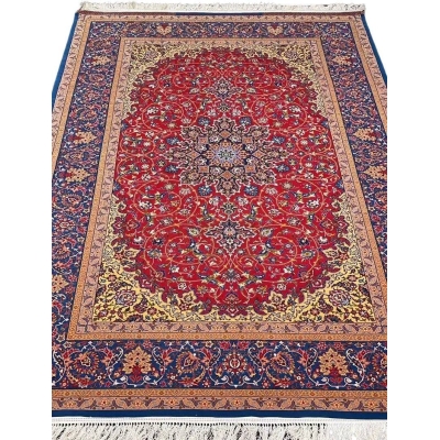 Luxurious red Persian rug with blue and gold accents, hand-knotted by Master Nasorollah Haghighie.