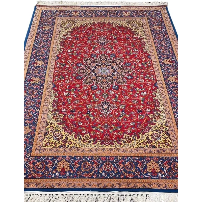 Luxurious red Persian rug with blue and gold accents, hand-knotted by Master Nasorollah Haghighie.