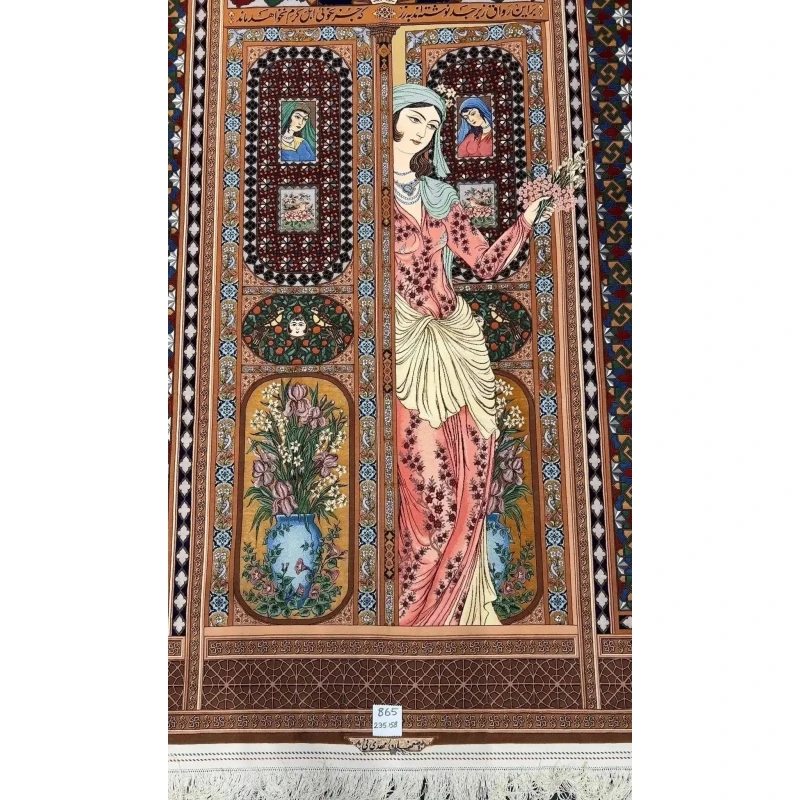 "Luxury Persian area rug crafted by master weaver Akbar Mehdiee, featuring a unique abstract design in silk and wool, 235 x 158 cm."