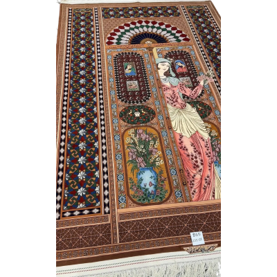 "Elegant hand-knotted Persian rug by Akbar Mehdiee, made from silk and wool, showcasing a vibrant Isfahan design, size 7.7 x 5.3 feet."
