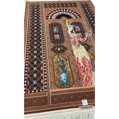"Elegant hand-knotted Persian rug by Akbar Mehdiee, made from silk and wool, showcasing a vibrant Isfahan design, size 7.7 x 5.3 feet."