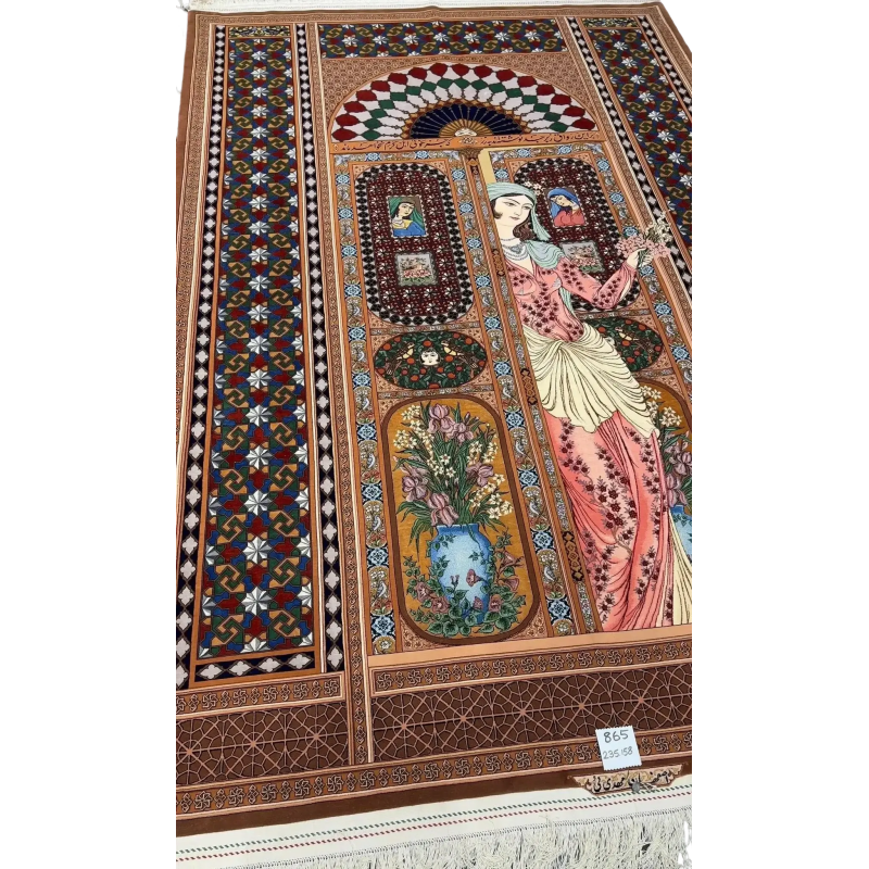 "Elegant hand-knotted Persian rug by Akbar Mehdiee, made from silk and wool, showcasing a vibrant Isfahan design, size 7.7 x 5.3 feet."