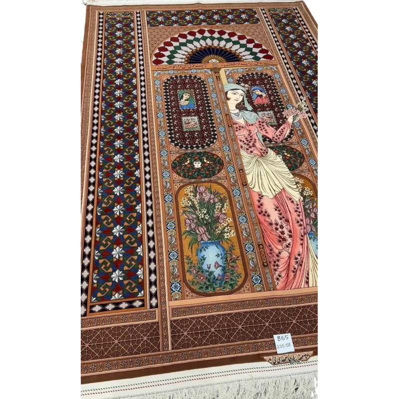 "Elegant hand-knotted Persian rug by Akbar Mehdiee, made from silk and wool, showcasing a vibrant Isfahan design, size 7.7 x 5.3 feet."