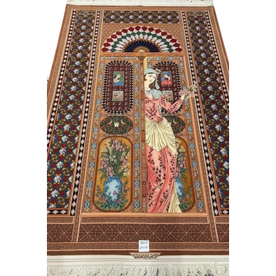 "Exclusive silk and wool Persian rug designed by Akbar Mehdiee, with intricate knot density and fine craftsmanship, measuring 235 x 158 cm."