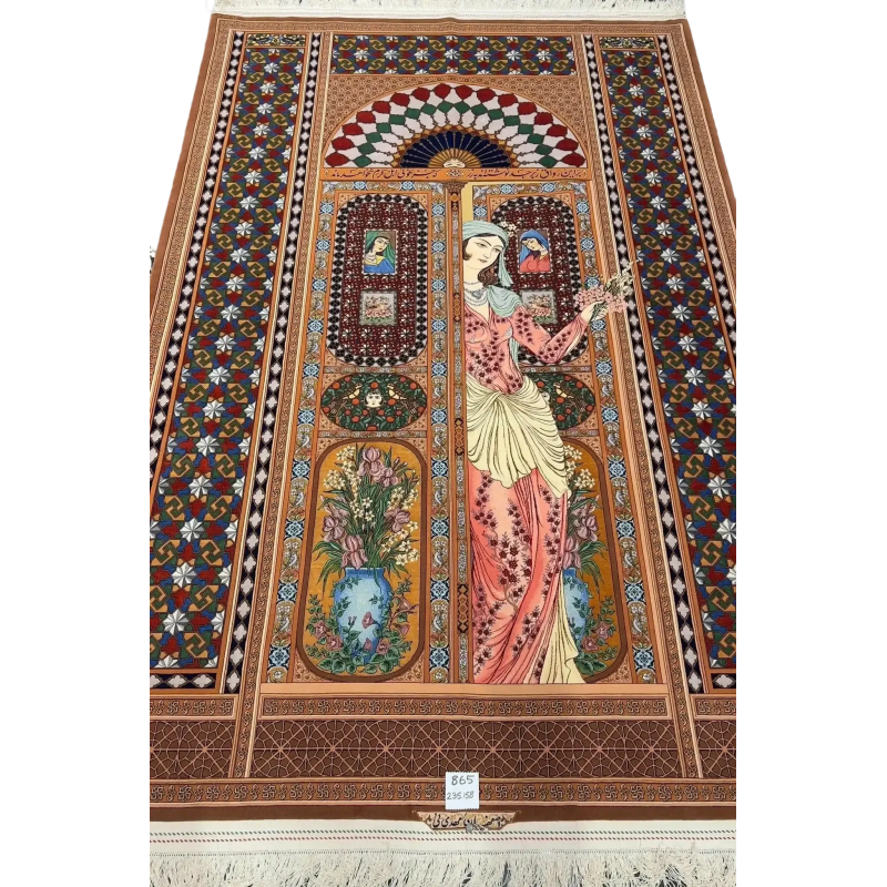 "Exclusive silk and wool Persian rug designed by Akbar Mehdiee, with intricate knot density and fine craftsmanship, measuring 235 x 158 cm."