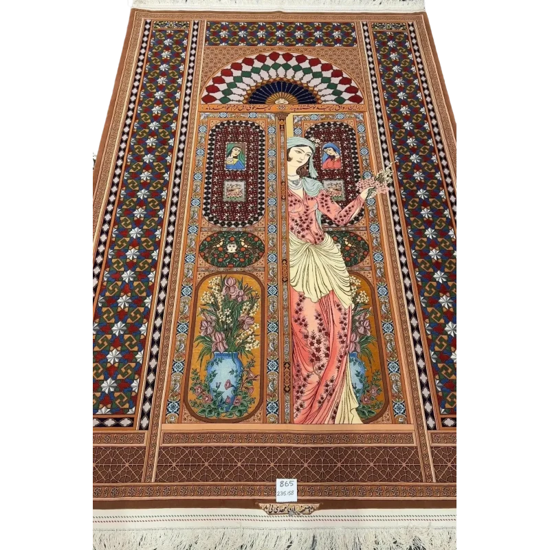 "Exclusive silk and wool Persian rug designed by Akbar Mehdiee, with intricate knot density and fine craftsmanship, measuring 235 x 158 cm."