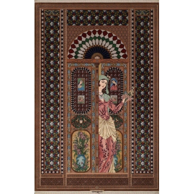 "Hand-knotted silk Persian rug designed by Akbar Mehdiee, blending silk and wool with intricate Isfahan patterns, size 235 x 158 cm."
