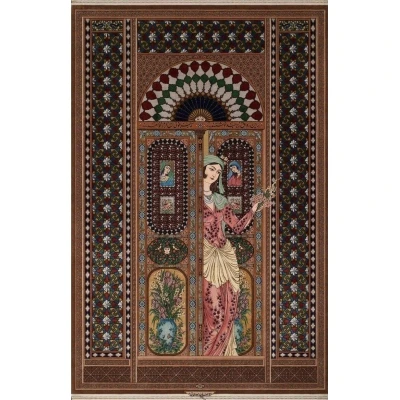 "Hand-knotted silk Persian rug designed by Akbar Mehdiee, blending silk and wool with intricate Isfahan patterns, size 235 x 158 cm."

