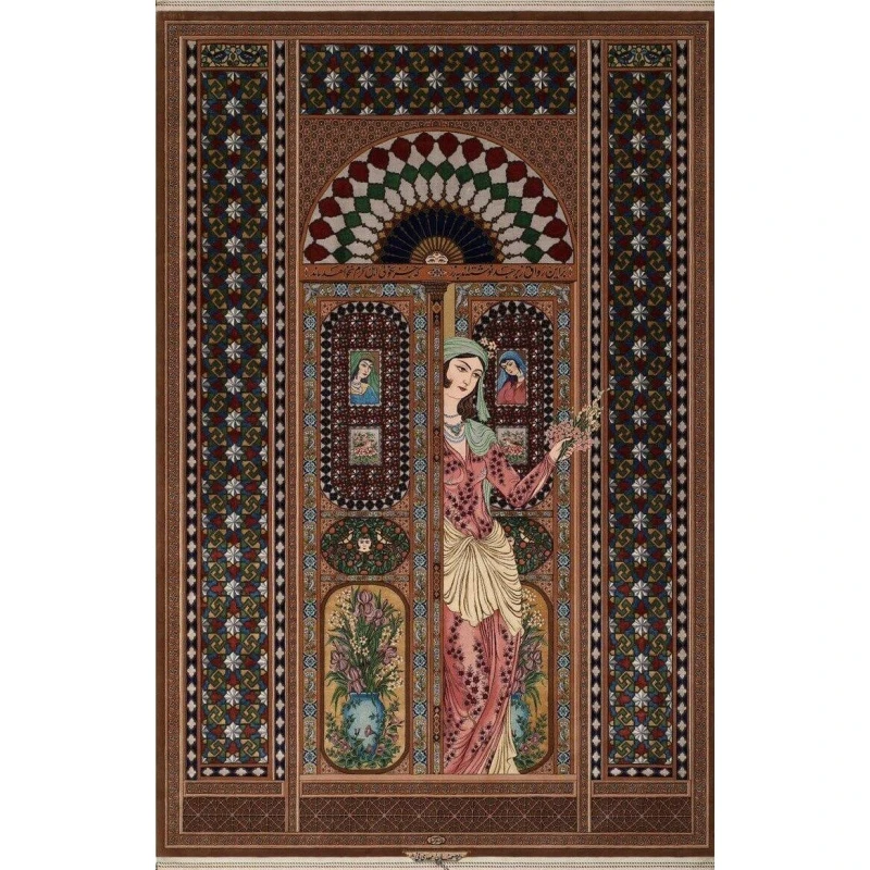 "Hand-knotted silk Persian rug designed by Akbar Mehdiee, blending silk and wool with intricate Isfahan patterns, size 235 x 158 cm."