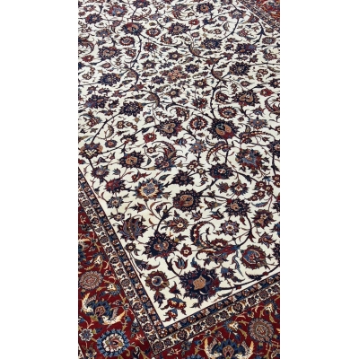 Hand-knotted Persian rug in red and beige floral design