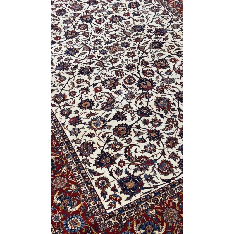 Hand-knotted Persian rug in red and beige floral design