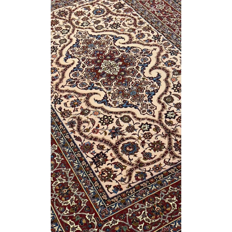 Vintage antique rug with intricate blue and red patterns, preserved for over 50 years
