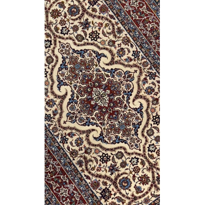 A stunning antique Persian rug from Isfahan, Iran, handcrafted with a luxurious blend of wool and silk using natural dyes. This unused 50-year-old rug features intricate designs and knot density of 1,210,000 per square meter, showcasing the fine craftsmanship of the Saraf Mamouri workshop. Measuring approximately 225 x 150 cm (7.4 x 4.9 feet) with a thickness of 6 mm, this masterpiece blends tradition, history, and elegance into a single unique piece, offering a rare opportunity to own a one-of-a-kind antiq
