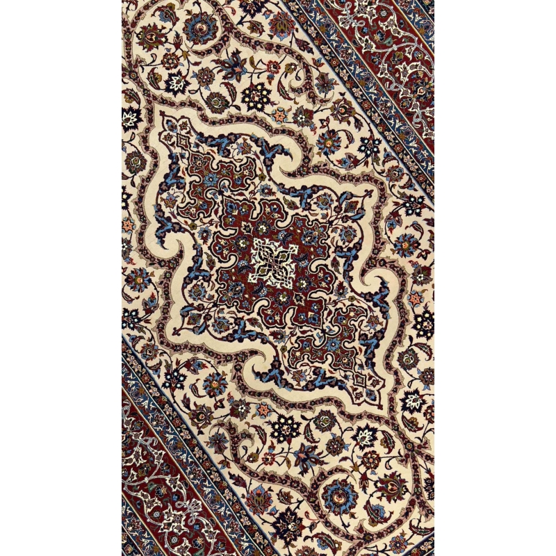 A stunning antique Persian rug from Isfahan, Iran, handcrafted with a luxurious blend of wool and silk using natural dyes. This unused 50-year-old rug features intricate designs and knot density of 1,210,000 per square meter, showcasing the fine craftsmanship of the Saraf Mamouri workshop. Measuring approximately 225 x 150 cm (7.4 x 4.9 feet) with a thickness of 6 mm, this masterpiece blends tradition, history, and elegance into a single unique piece, offering a rare opportunity to own a one-of-a-kind antiq