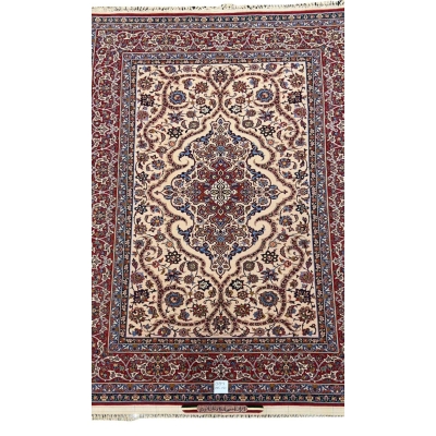 Classic antique rug featuring a sophisticated design in red, blue, and white, untouched for half a century
