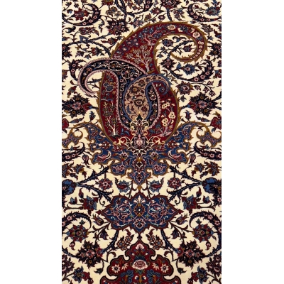 Handwoven Isfahan Persian rug in red, ivory, and blue with natural dyes.