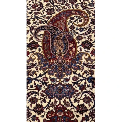Handwoven Isfahan Persian rug in red, ivory, and blue with natural dyes.