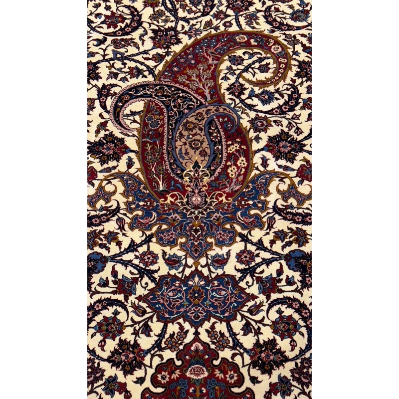 Handwoven Isfahan Persian rug in red, ivory, and blue with natural dyes.