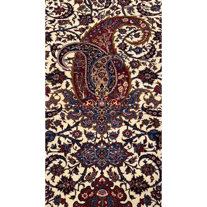 Handwoven Isfahan Persian rug in red, ivory, and blue with natural dyes.