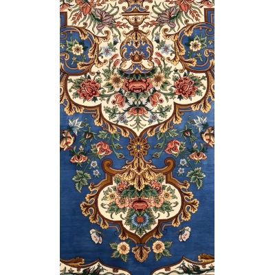 Luxurious blue and gold Persian silk runner featuring floral motifs by Akbar Mehdiee