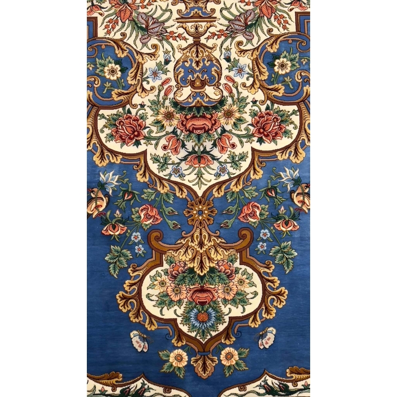 Luxurious blue and gold Persian silk runner featuring floral motifs by Akbar Mehdiee