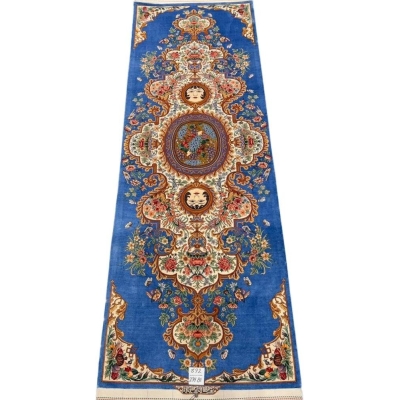 Elegant ornate blue Persian silk runner designed by Master Akbar Mehdiee