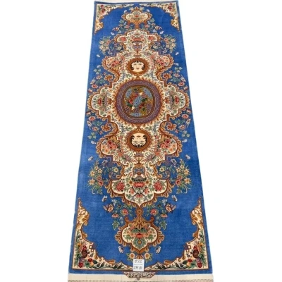 Elegant ornate blue Persian silk runner designed by Master Akbar Mehdiee