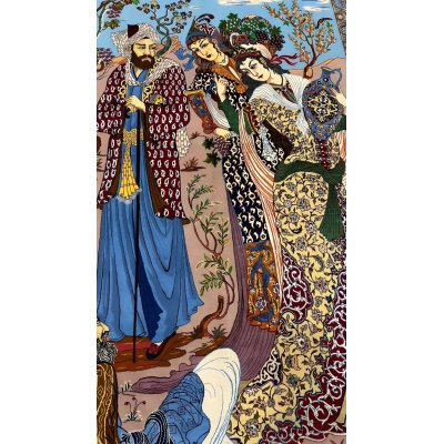 Exquisite Masterpiece Pictorial Rug featuring a woven depiction of a woman and man in a garden by Master Shadman
