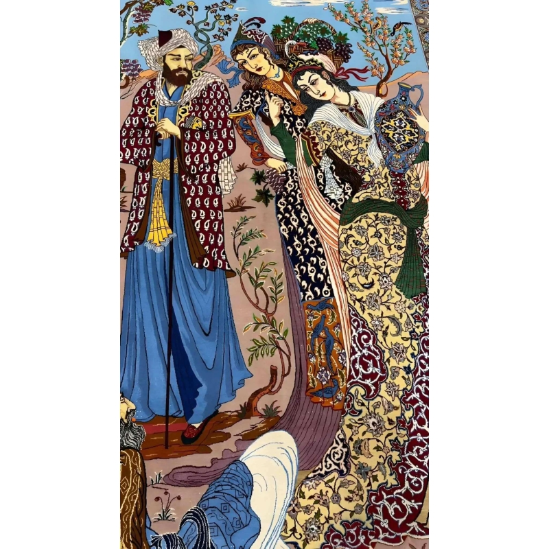 Exquisite Masterpiece Pictorial Rug featuring a woven depiction of a woman and man in a garden by Master Shadman